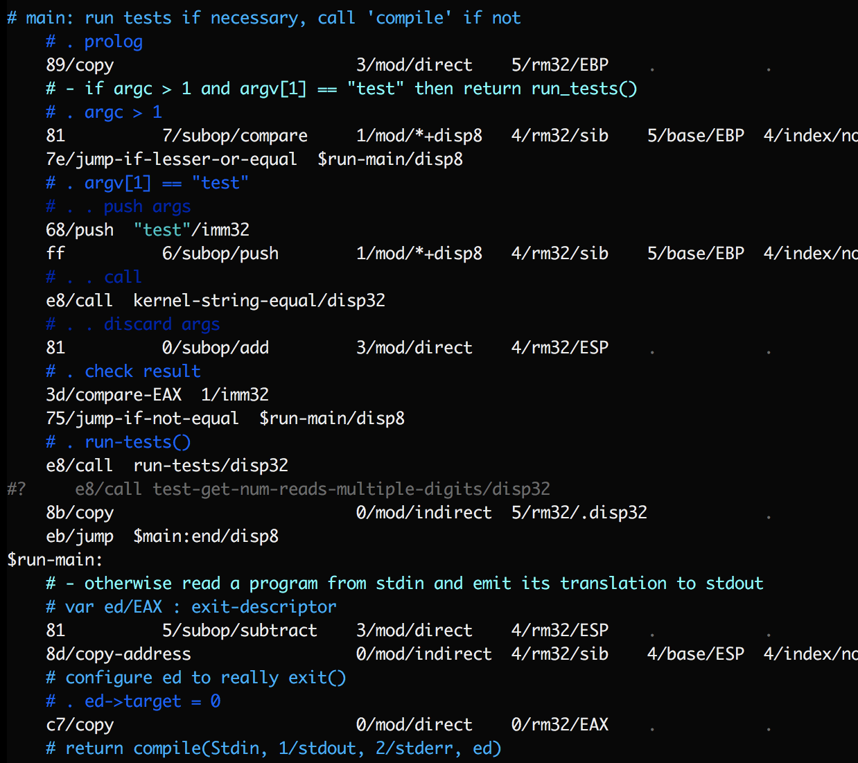 screenshot of a code fragment showing 4 colors of comments