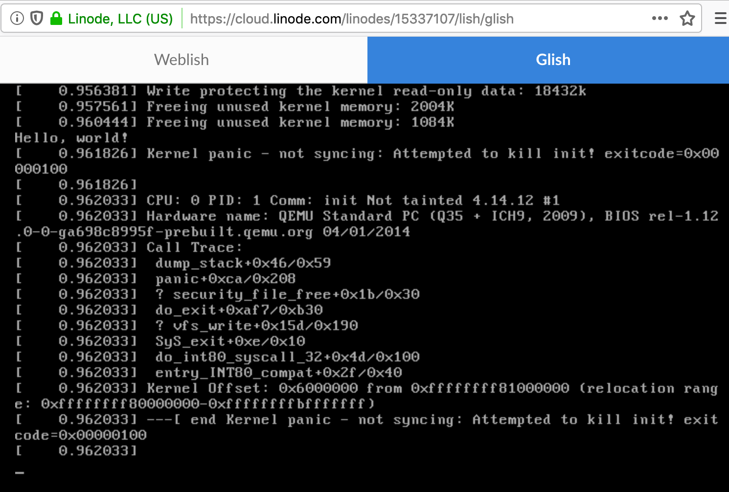 Linode console showing "Hello world" followed by a Kernel panic.