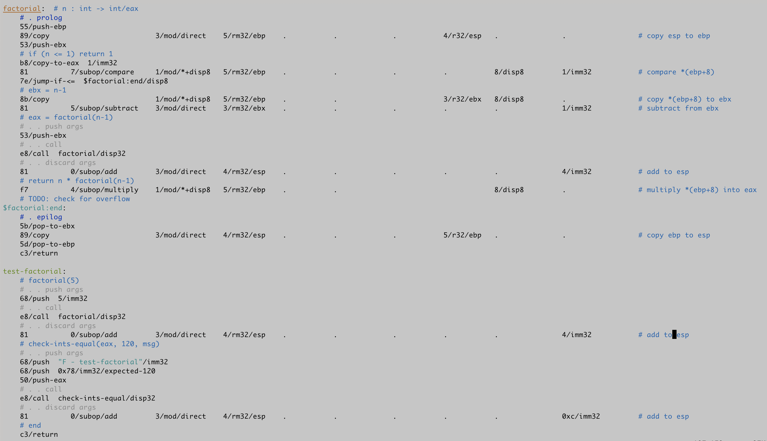 Version 0 without any syntax sugar takes up 50 lines and 180 columns for factorial and one unit test.