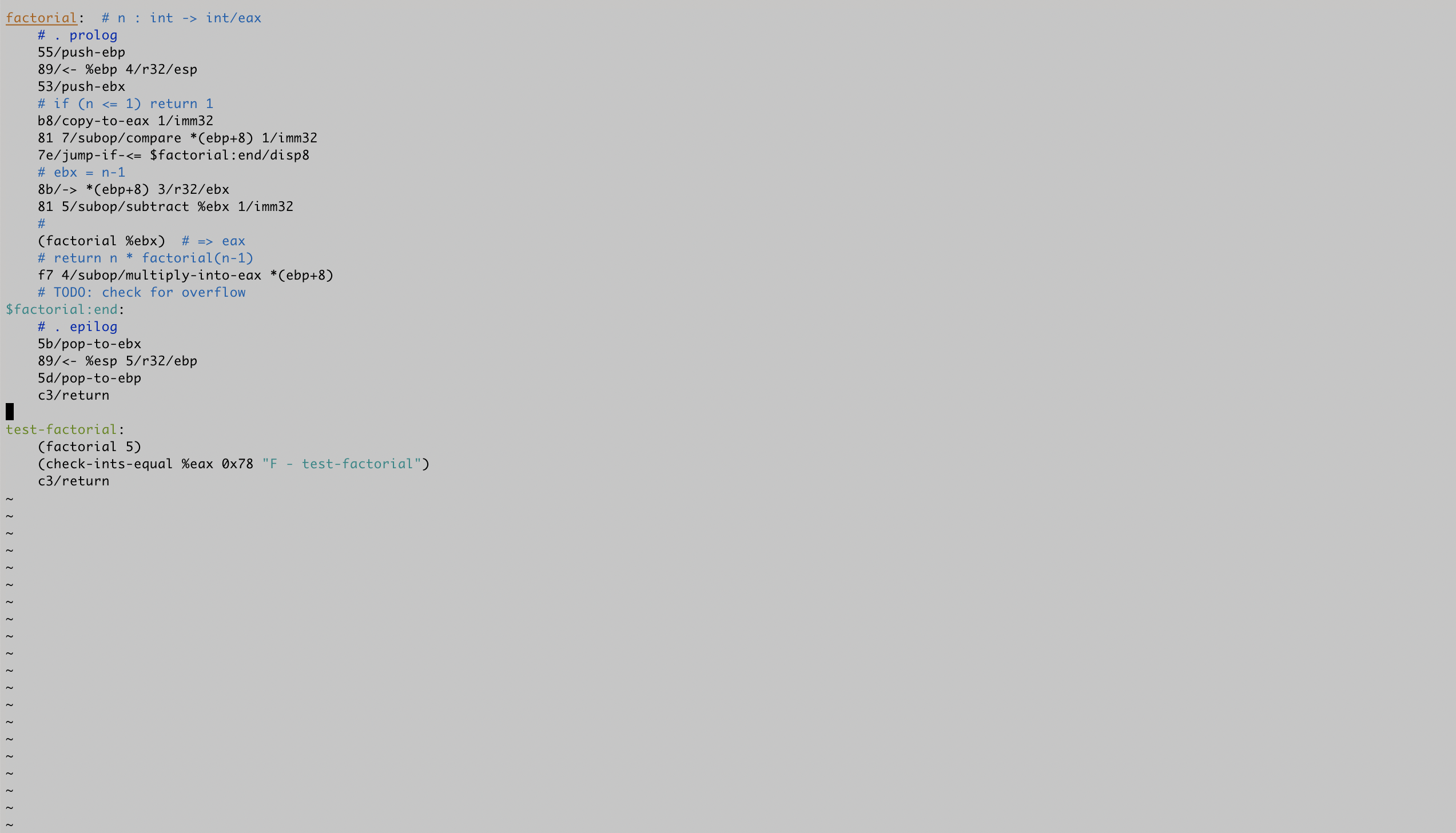 Version 2 with syntax sugar for addressing modes _and_ function calls takes up just 28 lines and 40 columns.