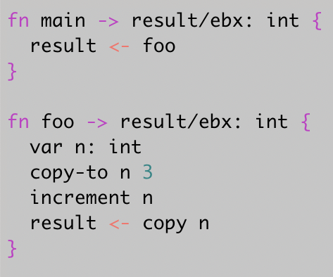 A simple program in Mu that gratuitously makes use of a temporary variable.