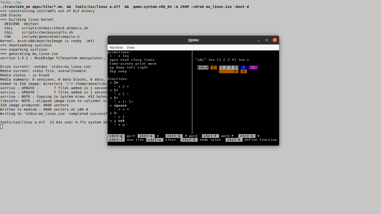 A window showing Qemu running a copy of the Mu shell, in front of a window showing the Mu shell being compiled, the Linux kernel being compiled, and an ISO image being created.