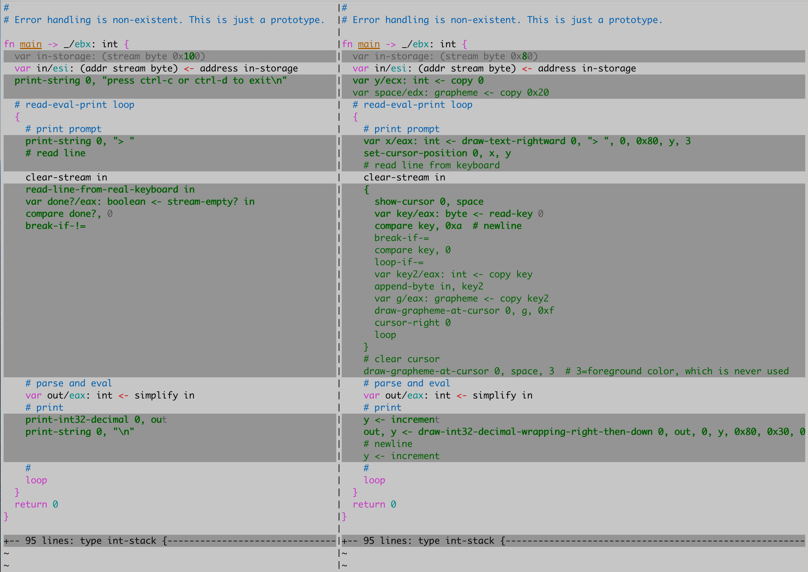 Screenshot showing a diff between the old apps/rpn.mu and the new baremetal/rpn.mu. All the changes are in `main`. The rest of the program is folded away at the bottom because it's identical.