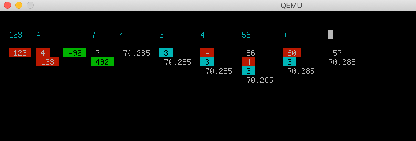 Screenshot of a postfix arithmetic expression within Qemu showing the stack after each word.