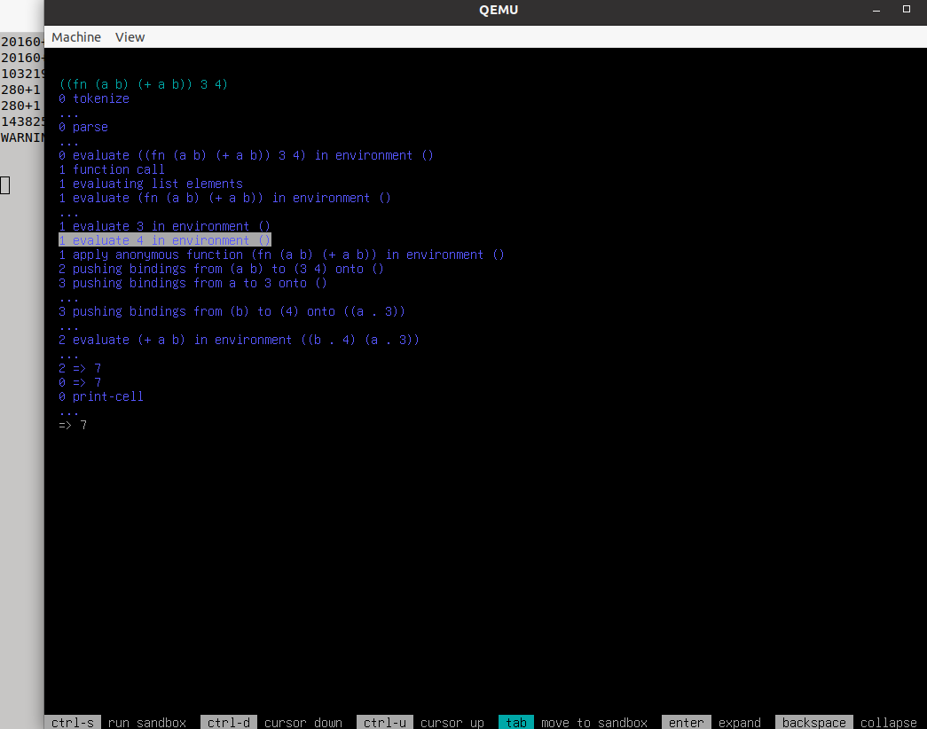 A session of the Mu shell running in Qemu. An anonymous function to add two numbers returns the right result, and a partially expanded trace elucidates how it got to the answer.