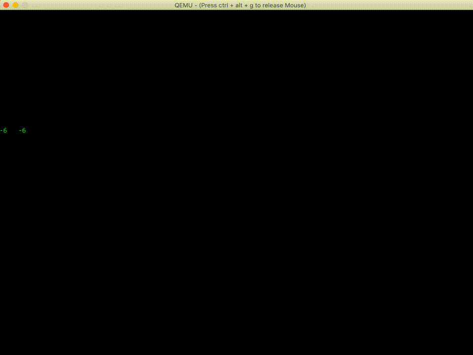 Video of a Qemu window with mostly black background showing just two fluctuating numbers in bright green, denoting change in x and y coordinates as I move the mouse around.