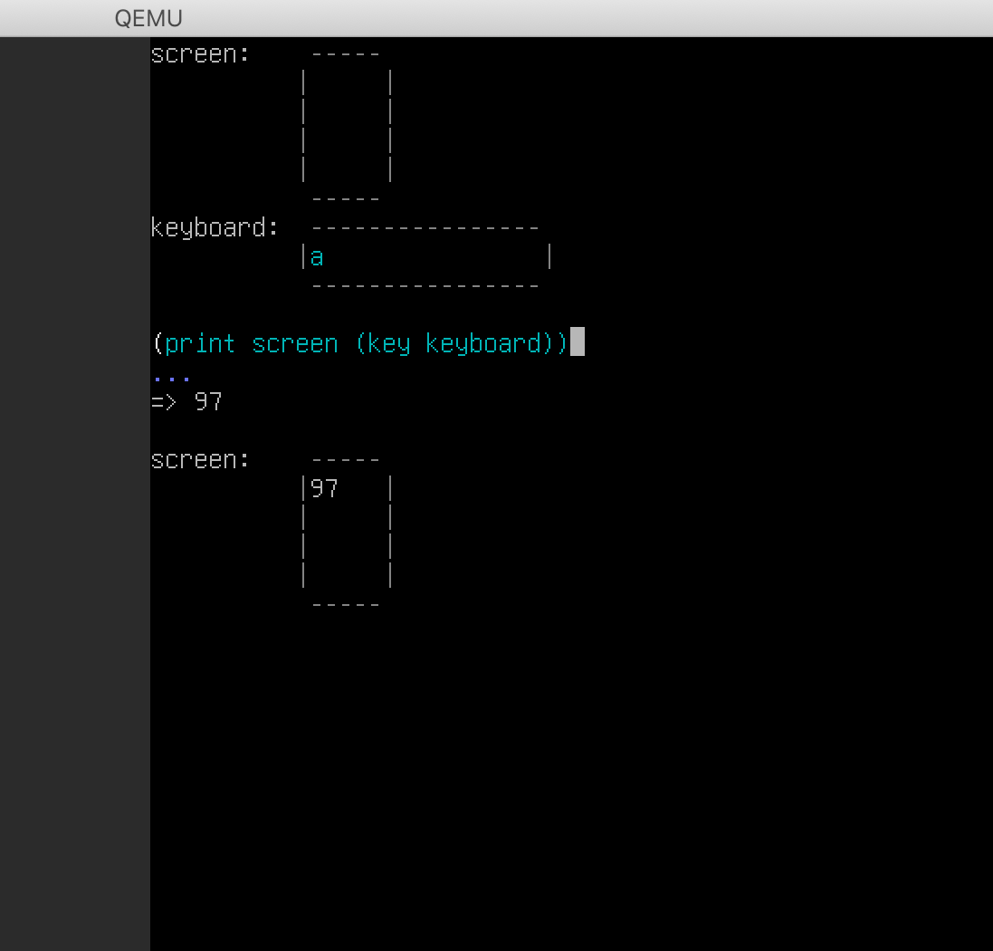 A Qemu window draws a little cartoon screen, and a cartoon representation of a keyboard buffer, then waits for input. Prints show up in the cartoon screen, Reading a key reads from the cartoon keyboard buffer.