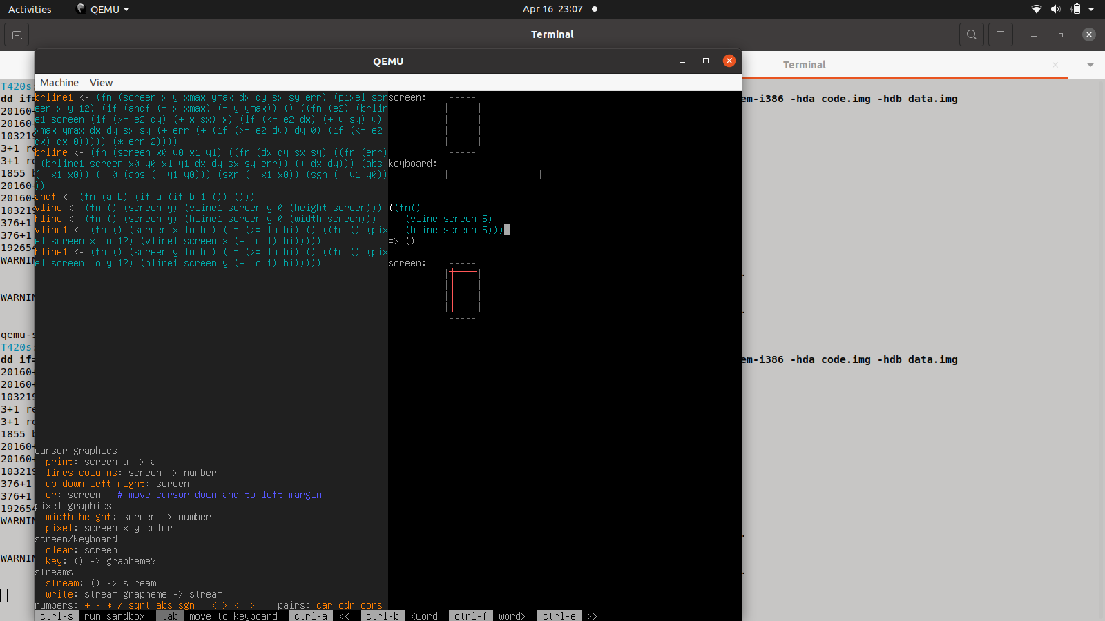 Screenshot of the Lisp-based HLL on the Mu computer running on Qemu.

1024x768 screen, 256 colors. Text mode, 80x48 for characters.

Function definitions on top left, help for primitives on bottom left, menu of available keyboard shortcuts across bottom.

Right side has a REPL with initial state of a toy screen and keyboard buffer, some code typed in to draw lines, a trace for drilling into computations performed, and final state of toy screen containing pixel graphics, showing one horizontal and one vertical line in red.