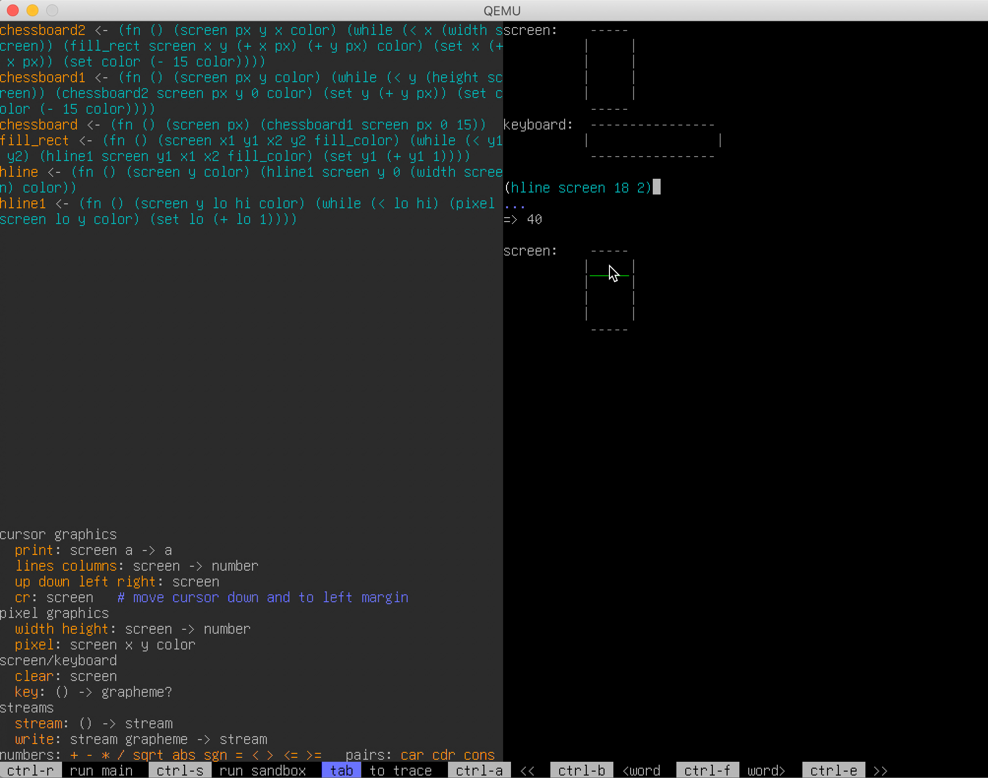 A Qemu window showing the prototyping environment for the Mu computer.