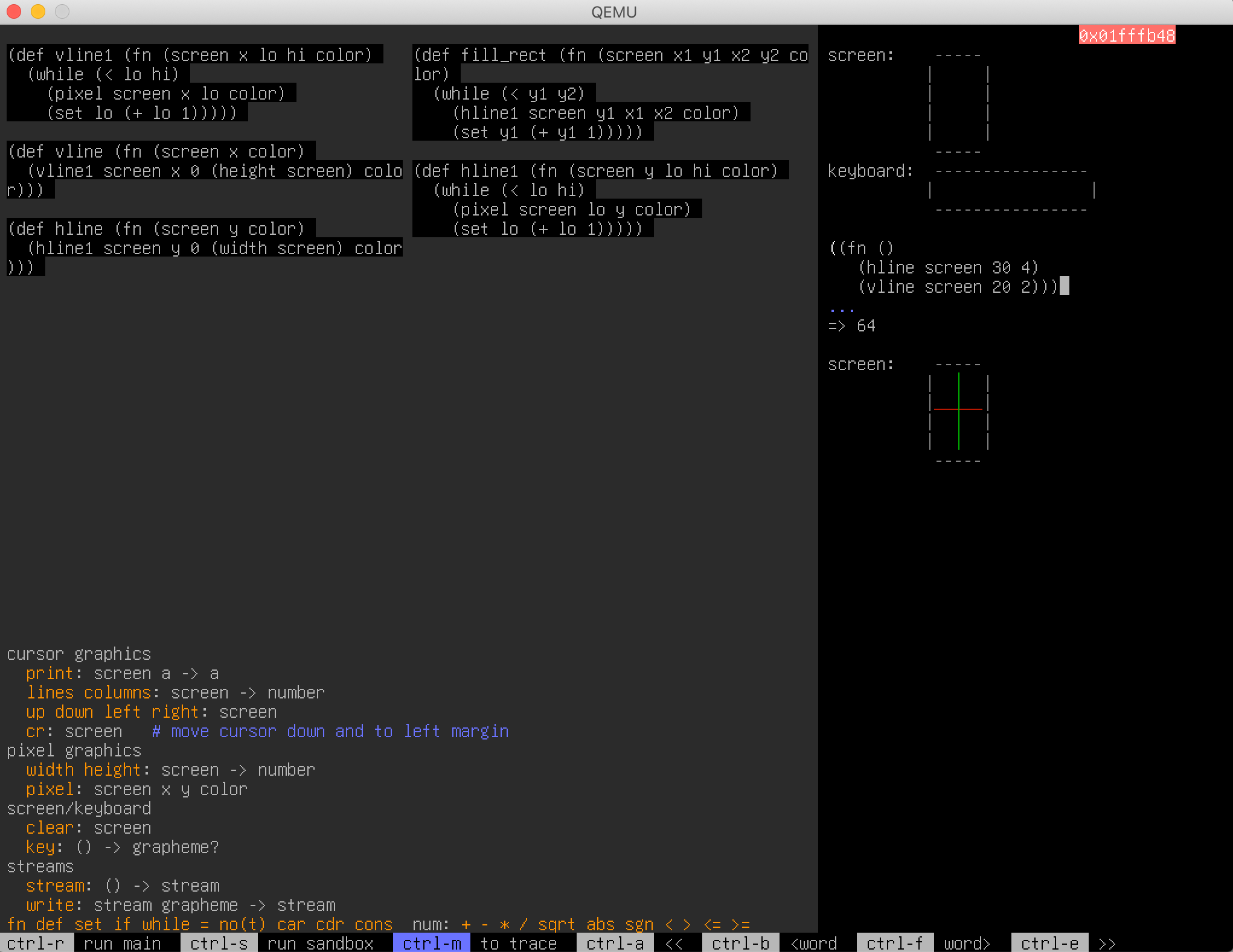 Screenshot of the prototyping environment for the Mu computer, running within Qemu. The left side occupies 2/3rds of the 1024px-wide screen and contains two columns of function definitions, each 41 characters wide (each character is 8px wide) with 1 character of padding on both sides of each column. the right side occupies the remaining 1/3rd of screen width and contains a sandbox. Both sides contain grey text over black background, though the left side has a slightly lighter background than the left.