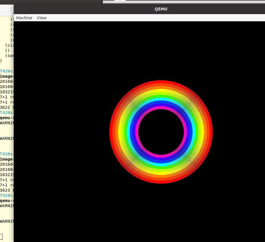 A full-circle rainbow in Mu running on Qemu. 