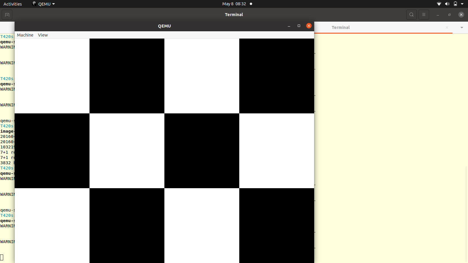 Chessboard pattern on Qemu, 256 pixels to a side.