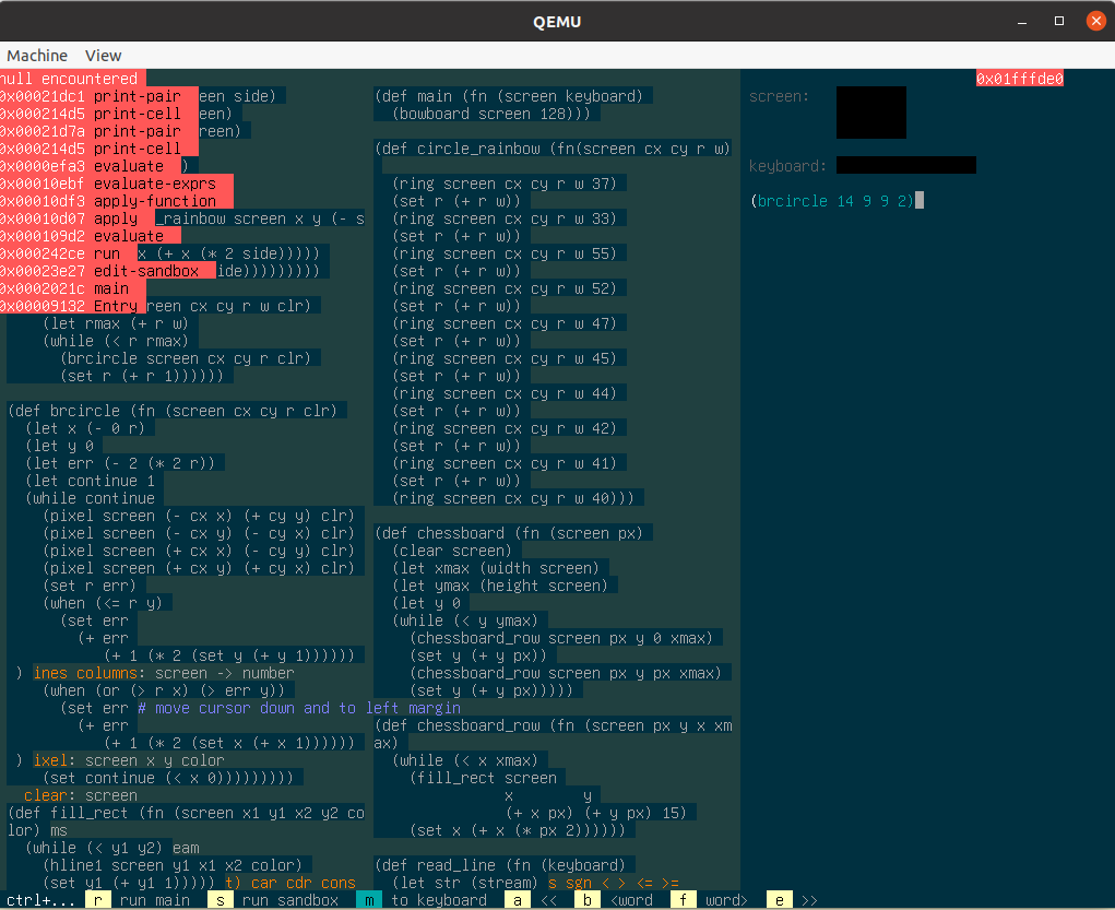 The Mu computer running on Qemu, showing a session of the Lisp-based shell that has failed catastrophically. On the top left it prints out, all in a pinkish red, an error message and dumps the function calls in the call stack at the time of the error.