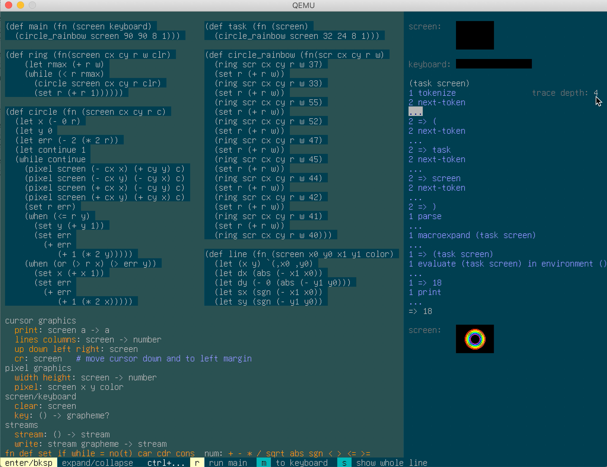 Screenshot of the Mu prototyping environment running in a Qemu window. There's a code editor on the left and a REPL on the right. The REPL can show prints to a picture-in-picture fake screen. It also permits drilling down into the execution of a run to understand or debug what the computer did.
