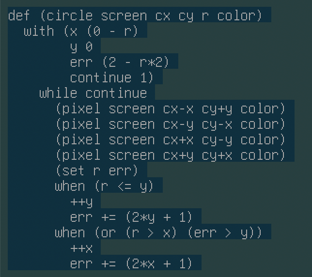 A screenshot implementation of Bresenham's circle-drawing algorithm in a Lisp dialect with some syntax sugar.