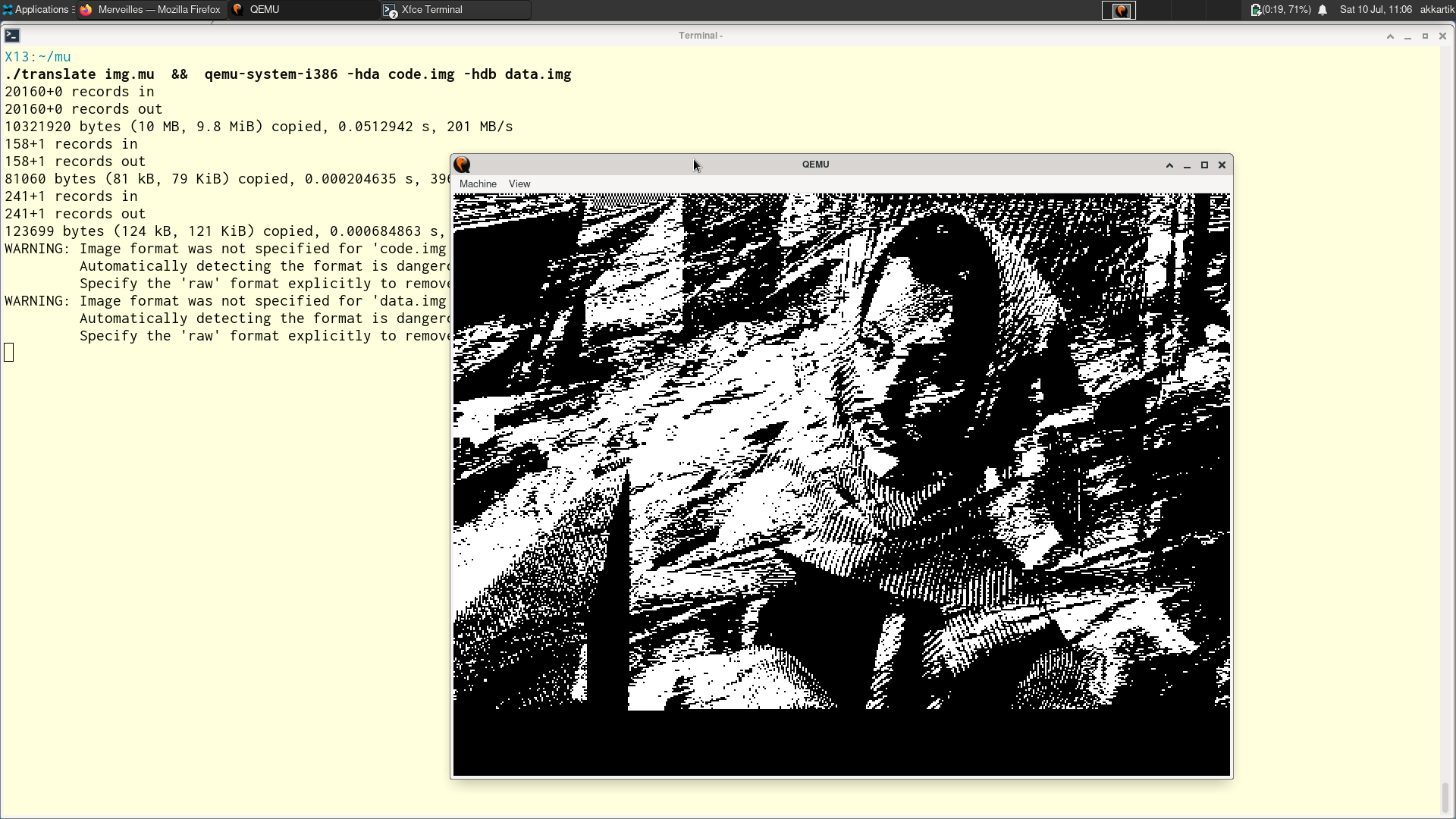 a screenshot showing a Qemu window containing a dithered version using just black and white pixels.