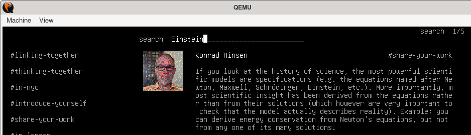 After: A Qemu window showing an image and some text. A single word is highlighted: 'Schrödinger'