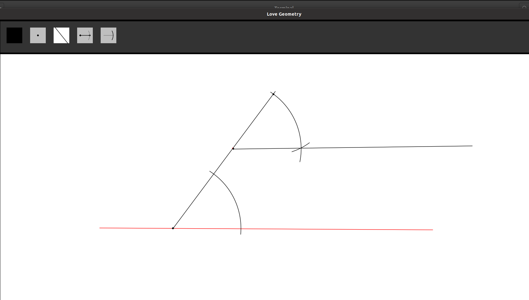 Constructing a second line (in black) parallel to a given line (red) passing through a given point.