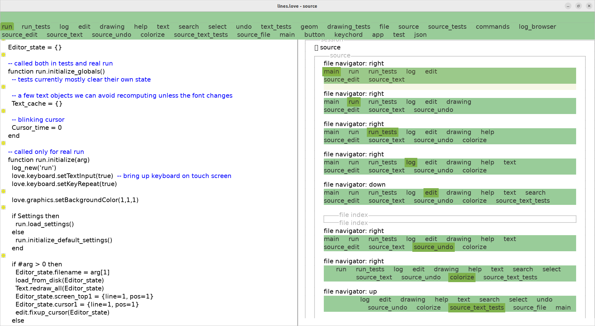 
  A programming environment showing source code on the left, menu bar on top, a log of runs on the right.

  The program being edited is itself the source code editor. The logs graphically show menu options being selected in response to keystrokes.