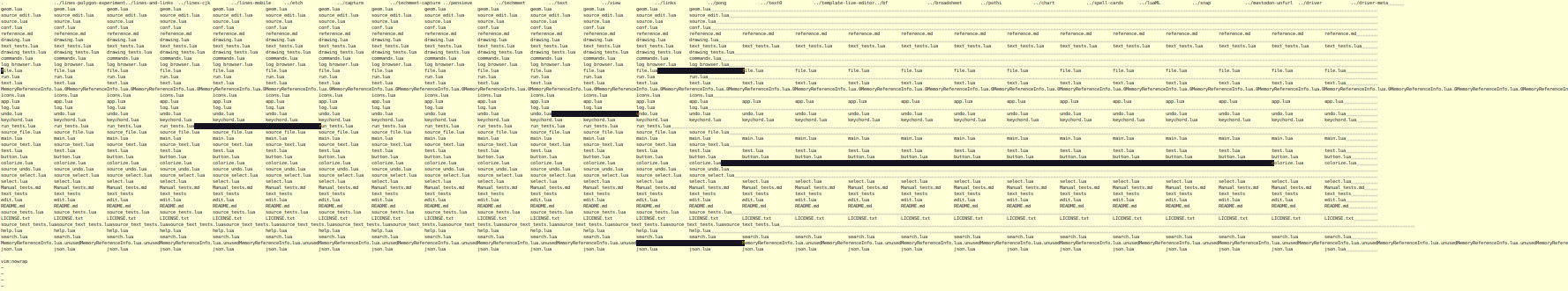 Screenshot of a large table with tiny, unreadable text and a few black horizontal lines scattered between them.