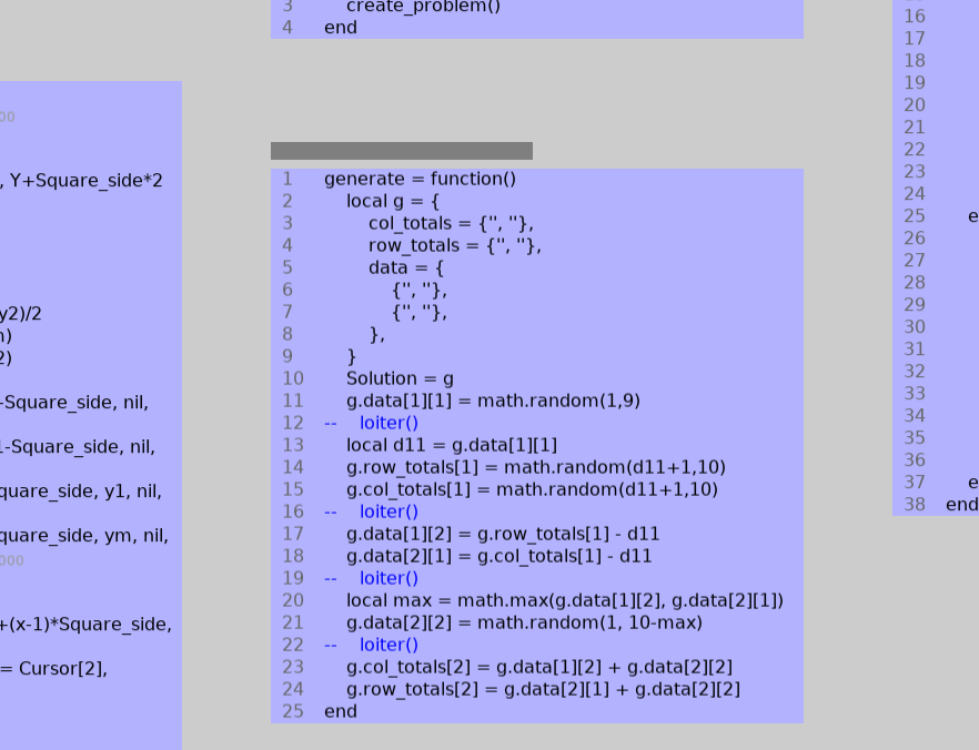 Detail of the code for this app as seen inside driver.love. Uncommenting the 'loiter()' lines slows things down while generating a new puzzle, so that I can keep up with what the computer is doing.