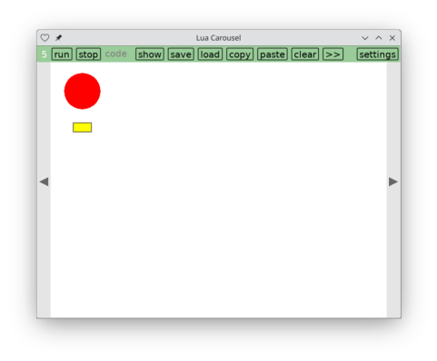 Screenshot of a tiny script running within Lua Carousel. The yellow rectangle is a button that modifies the red circle.