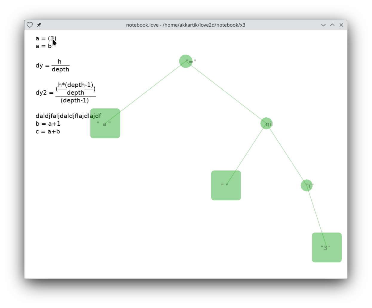 A window showing some lines of text containing various text and math expressions. The top line shows the line `a = (3)`. The mouse is hovering on it. The background of the window shows a translucent parse tree for this line: an operator containing '=' with 'a' on the left. But then, where one expects to see the subtree for '(3)' one instead sees a subtree called 'nil', with a left hand side of a single space, and a right hand side corresponding to the subtree for '(3)'.