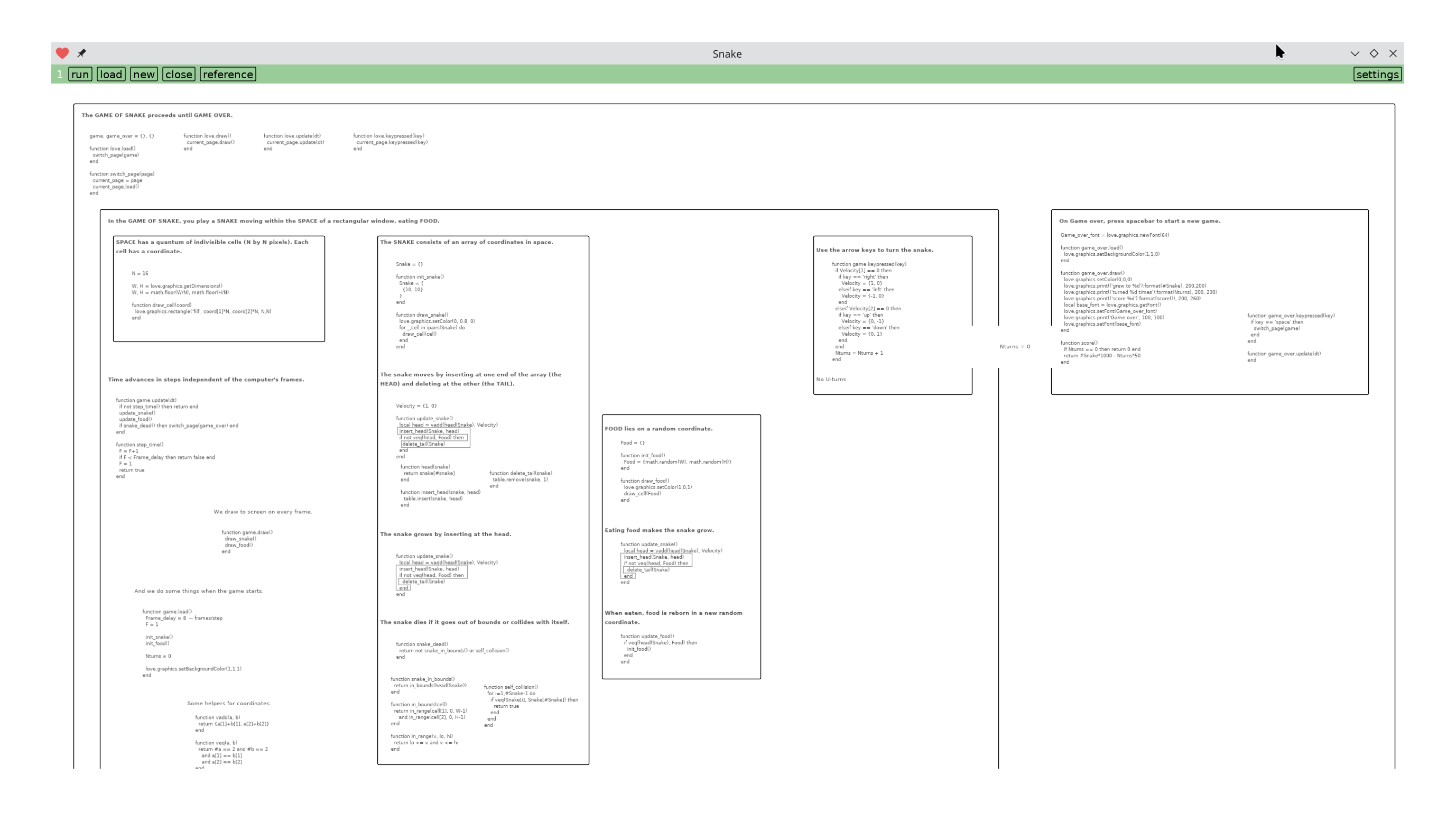 Screenshot of Lua Carousel showing a rough description of the game of Snake. Black text and lines on a white background, code interspersed with sentences of english, rectangles within rectangles.