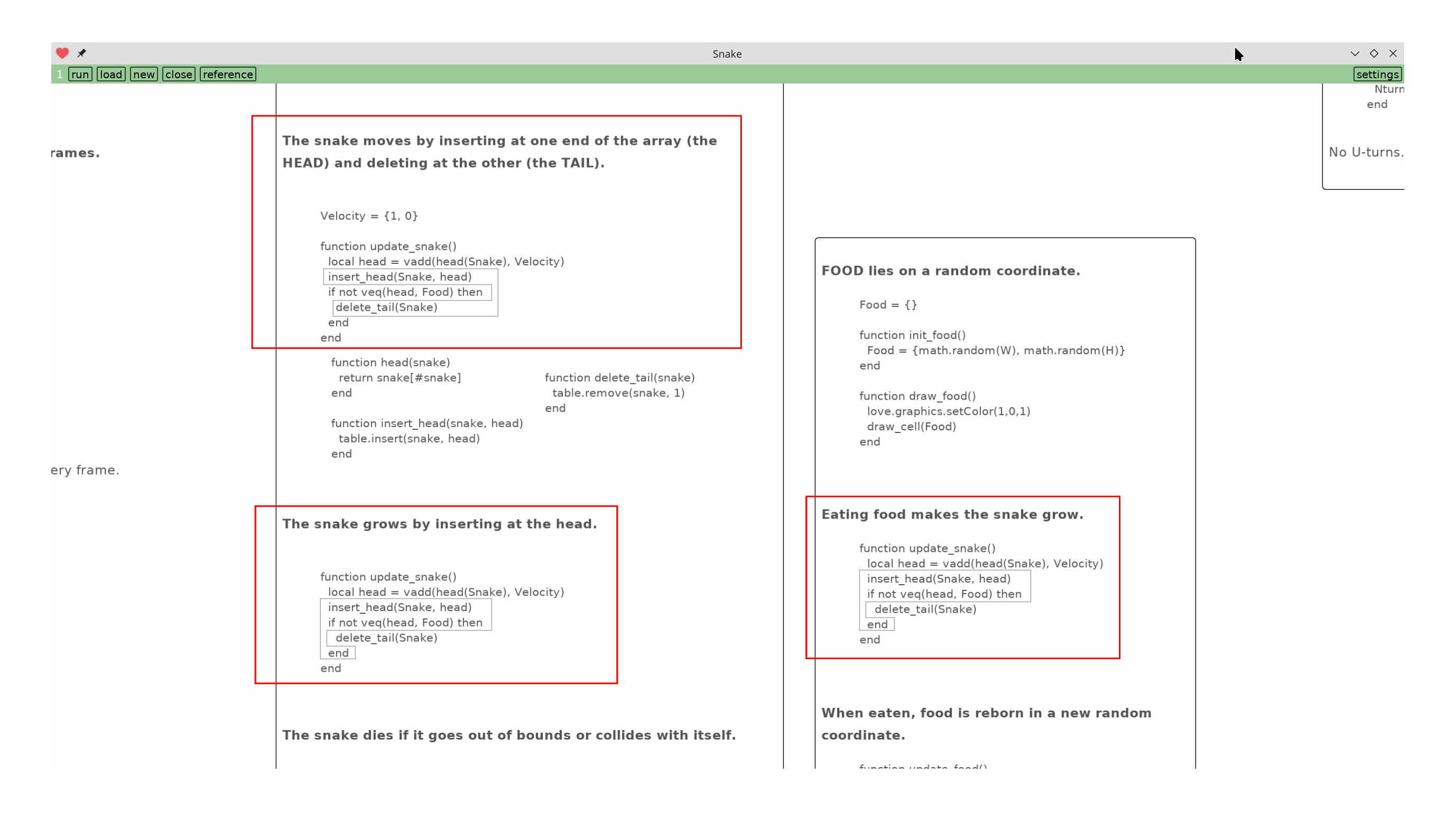 Interlocking concerns in the code for moving and growing the snake.